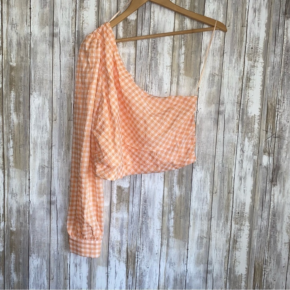 NWT Elodie Orange Gingham One Shoulder Cropped Blouse - Picture 3 of 8